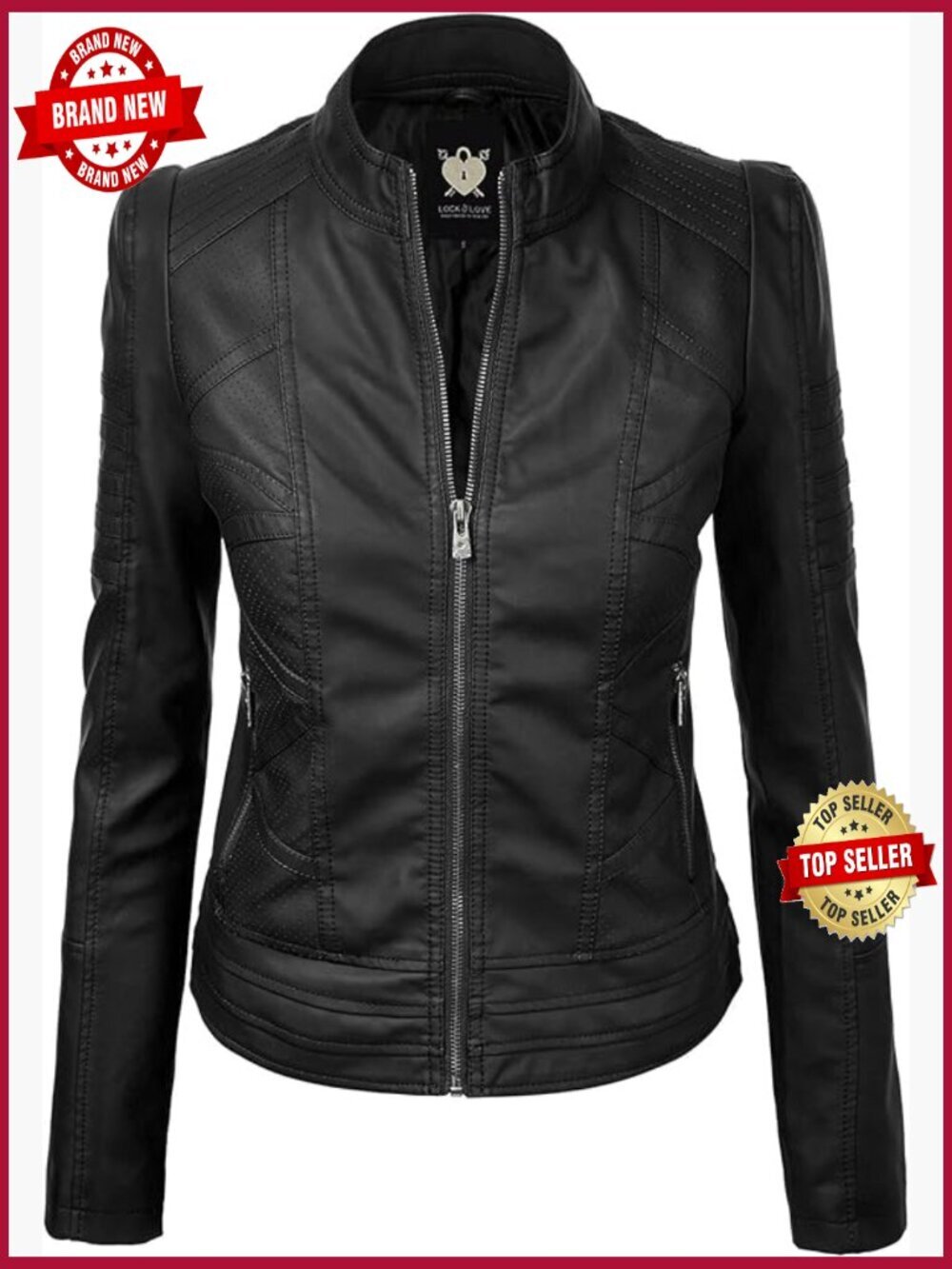 Slim Fit Faux Leather Moto Jacket with Quilted Shoulders